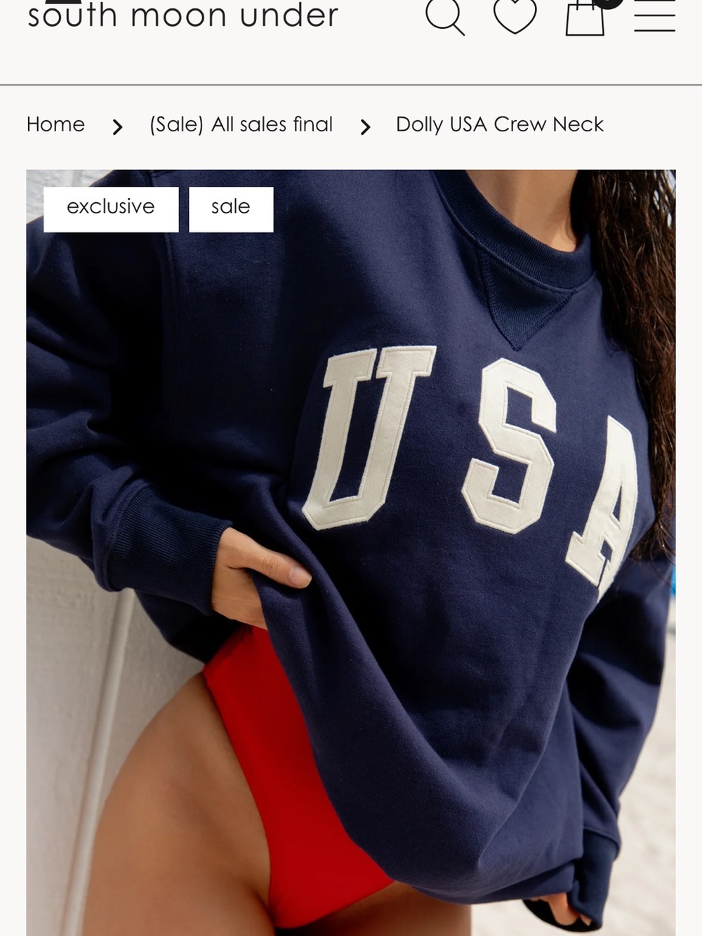 NWT South Moon Under Navy Crewneck Sweatshirt with White USA Appliqué size L